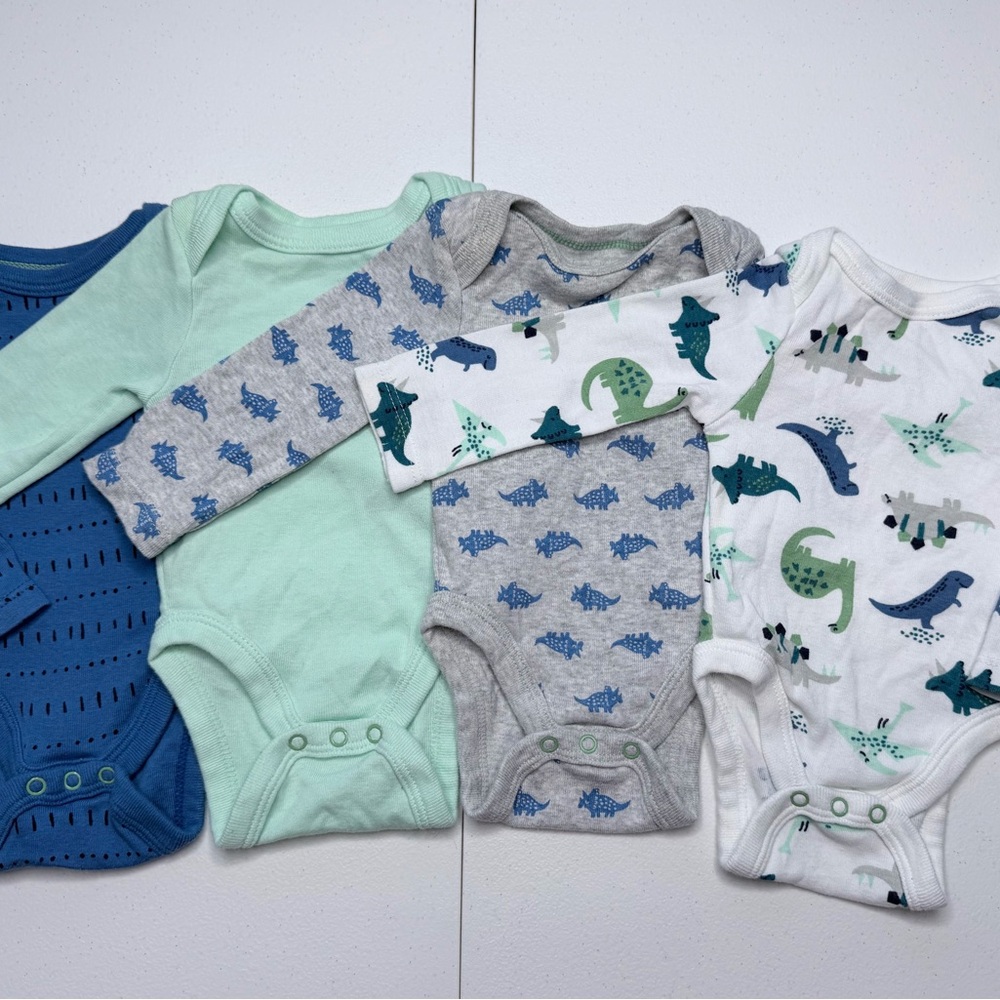Baby Boys Long Sleeve Dino One-Bodysuit Set - Blue/Green/Gray